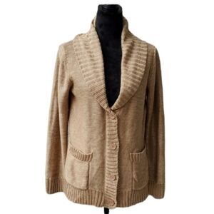 WinterSilks Cardigan Womens Size M Silk Trim Is Acrylic Tan Button